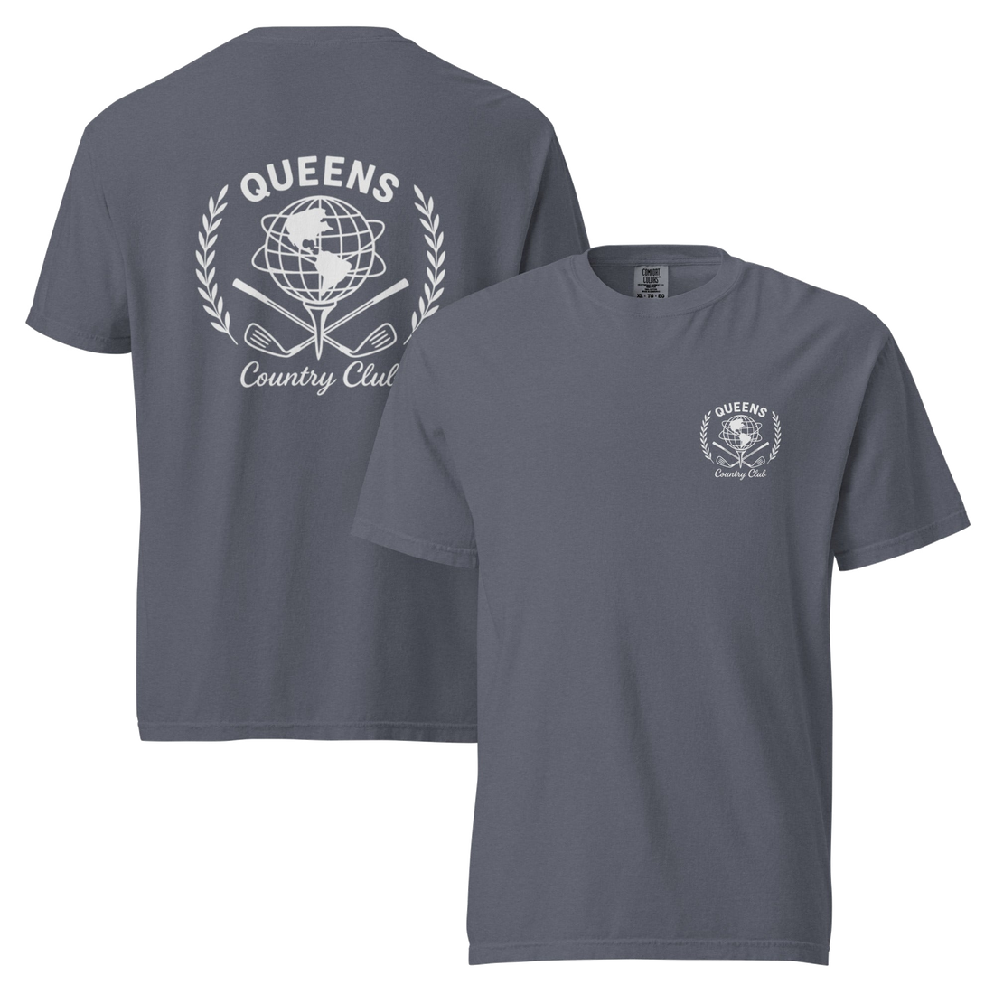 Denim garment-dyed Queens Unisphere Golf Ball Tee with white print, front and back views | Queens Country Club