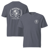 Denim garment-dyed Queens Unisphere Golf Ball Tee with white print, front and back views | Queens Country Club