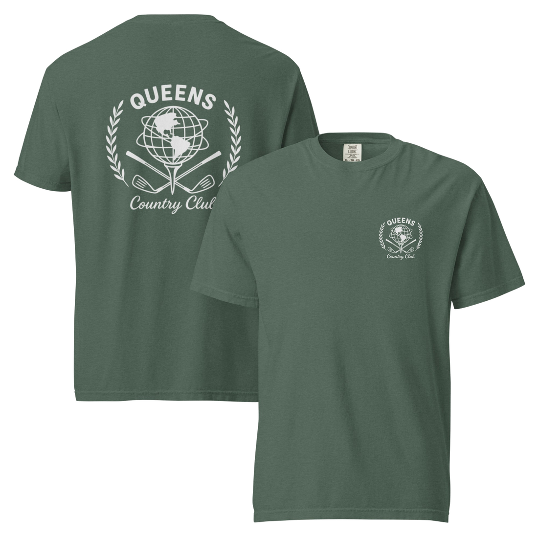 Blue Spruce garment-dyed Queens Unisphere Golf Ball Tee with white print, front and back views | Queens Country Club