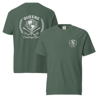 Blue Spruce garment-dyed Queens Unisphere Golf Ball Tee with white print, front and back views | Queens Country Club