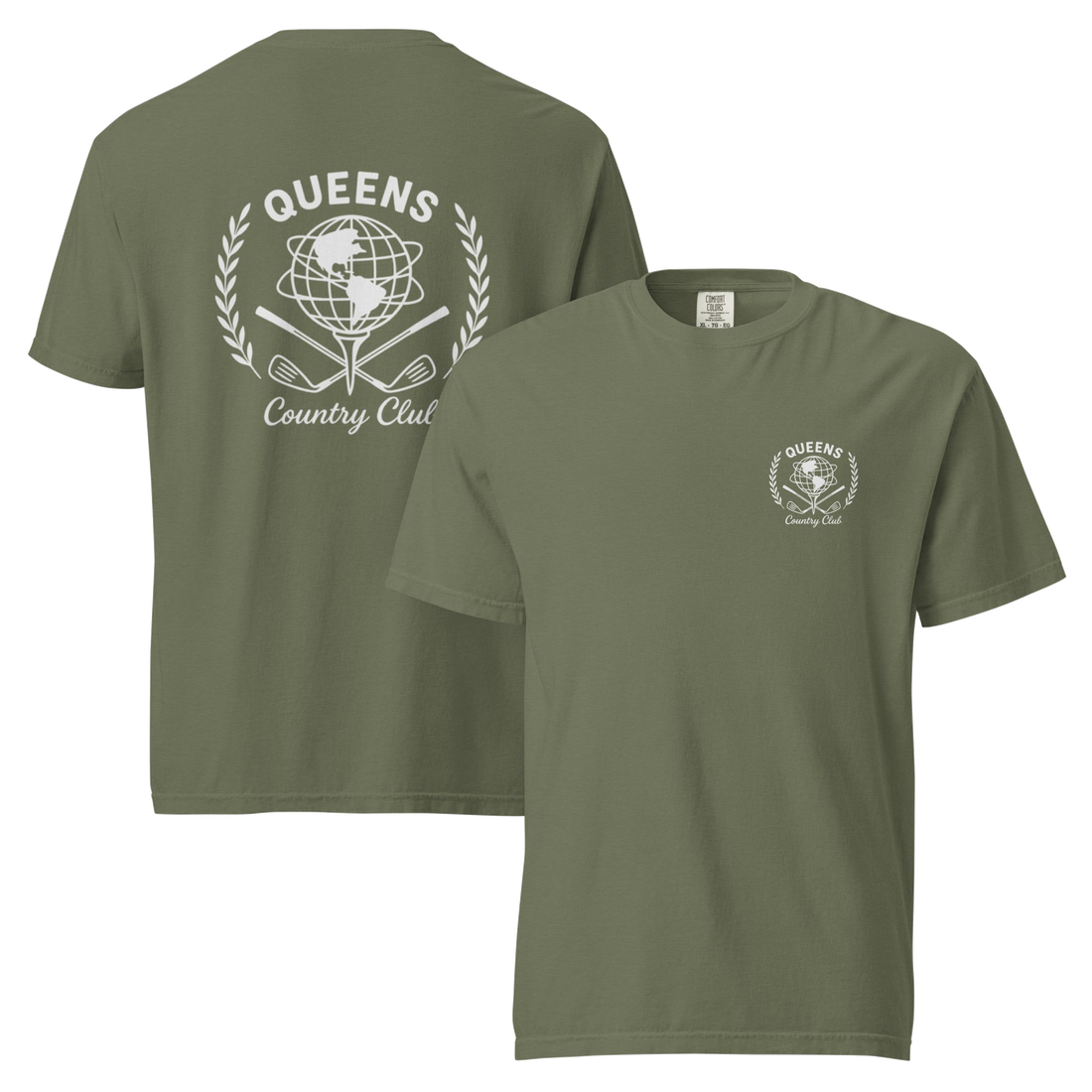 Moss garment-dyed Queens Unisphere Golf Ball Tee with white print, front and back views | Queens Country Club