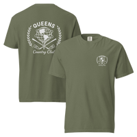 Moss garment-dyed Queens Unisphere Golf Ball Tee with white print, front and back views | Queens Country Club