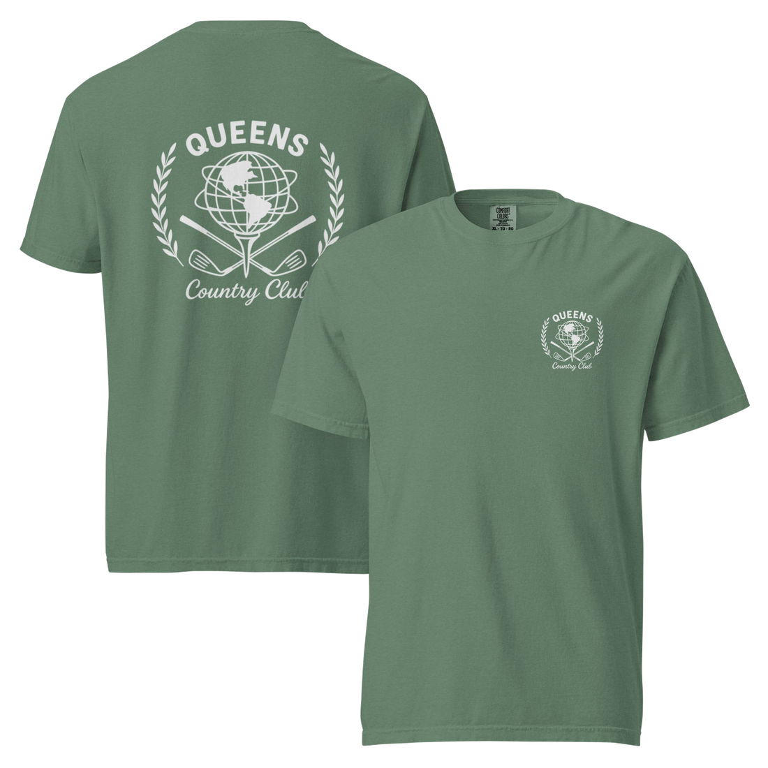Light Green garment-dyed Queens Unisphere Golf Ball Tee with white print, front and back views | Queens Country Club