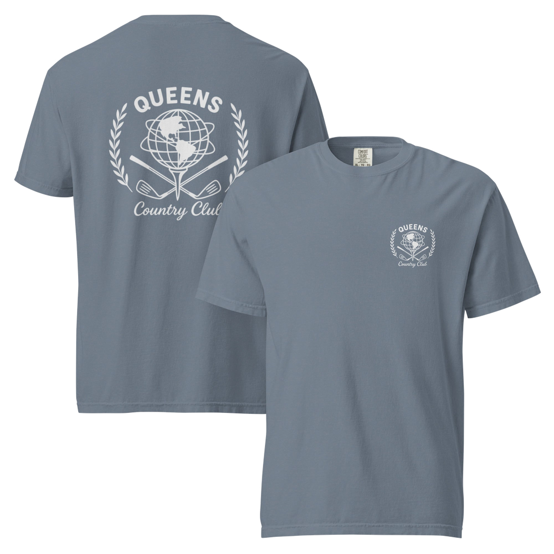 Blue Jean garment-dyed Queens Unisphere Golf Ball Tee with white print, front and back views | Queens Country Club