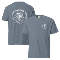 Blue Jean garment-dyed Queens Unisphere Golf Ball Tee with white print, front and back views | Queens Country Club