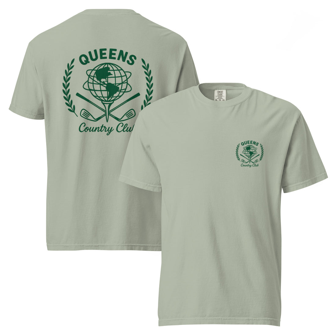 Bay garment-dyed Queens Unisphere Golf Ball Tee with green print, front and back views