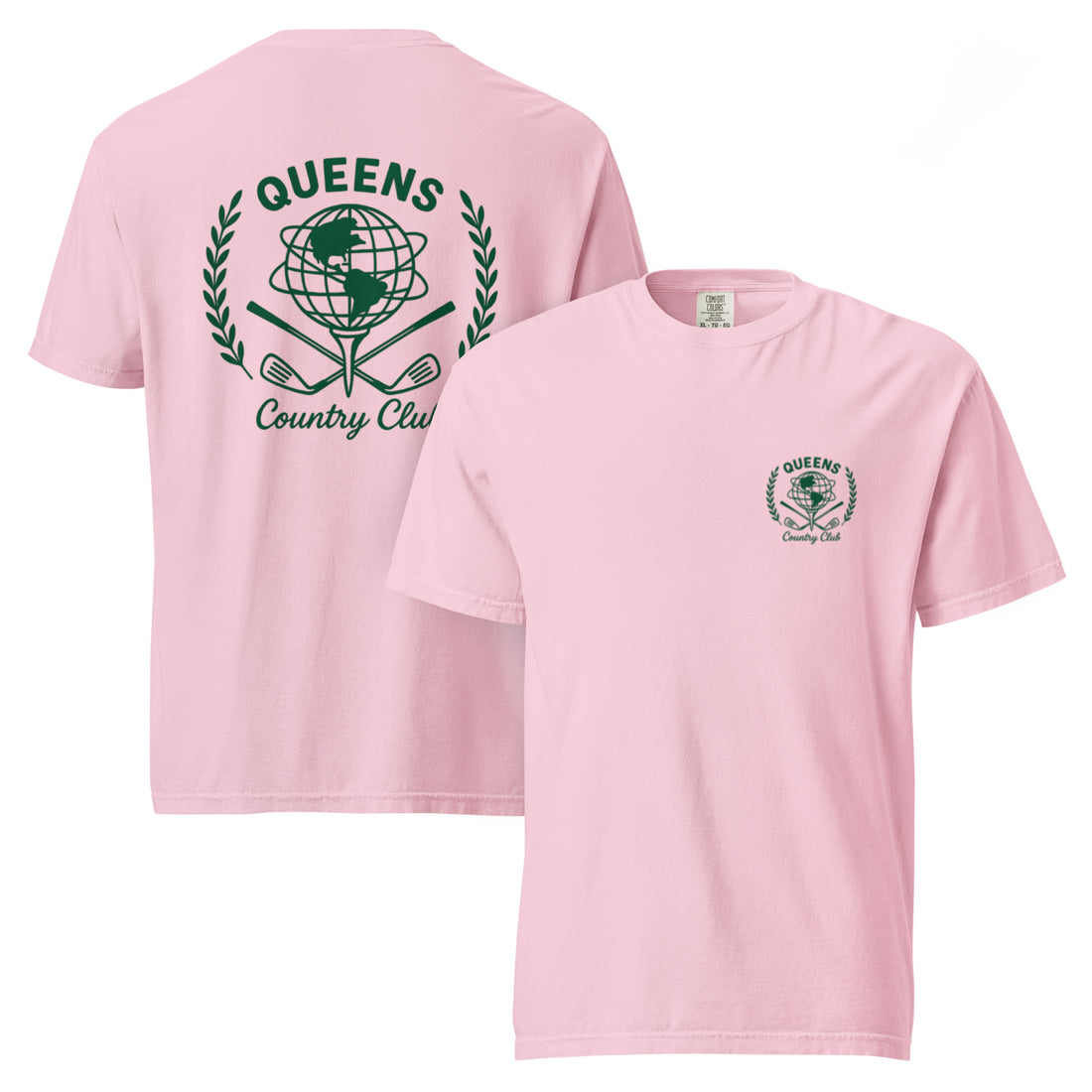 Blossom garment-dyed Queens Unisphere Golf Ball Tee with green print, front and back views