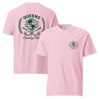 Blossom garment-dyed Queens Unisphere Golf Ball Tee with green print, front and back views