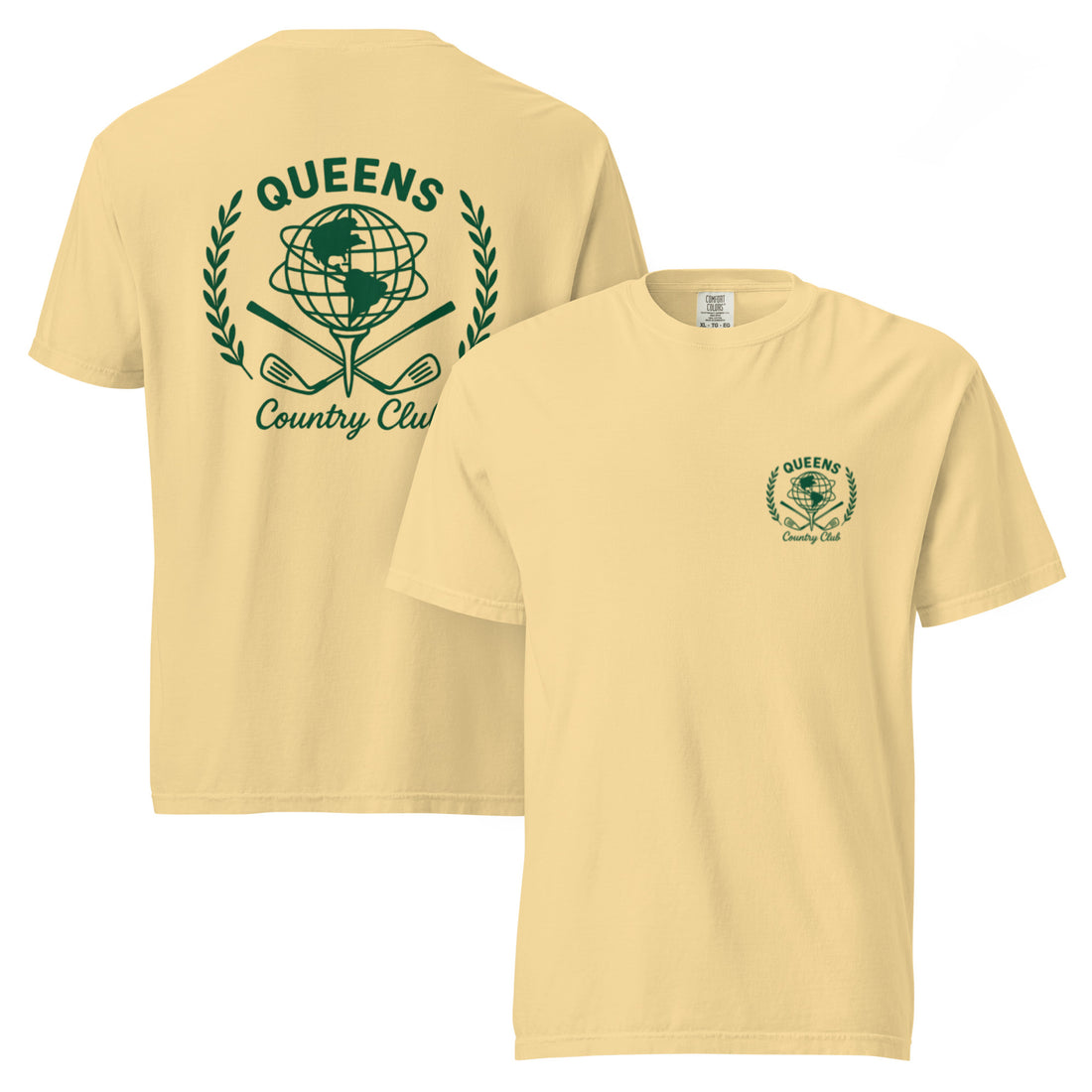 Butter garment-dyed Queens Unisphere Golf Ball Tee with green print, front and back views