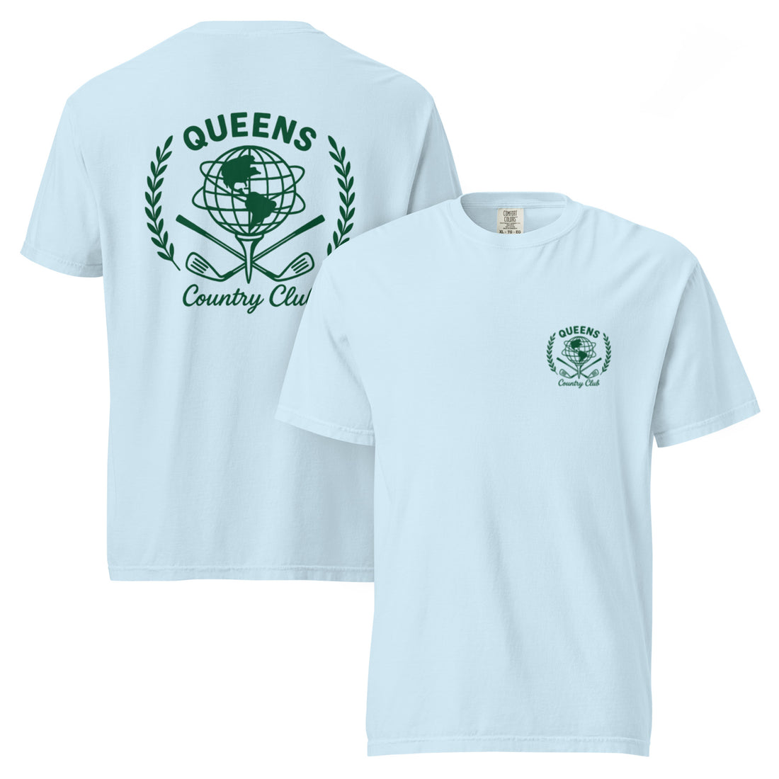 Chambray garment-dyed Queens Unisphere Golf Ball Tee with green print, front and back views