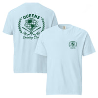 Chambray garment-dyed Queens Unisphere Golf Ball Tee with green print, front and back views