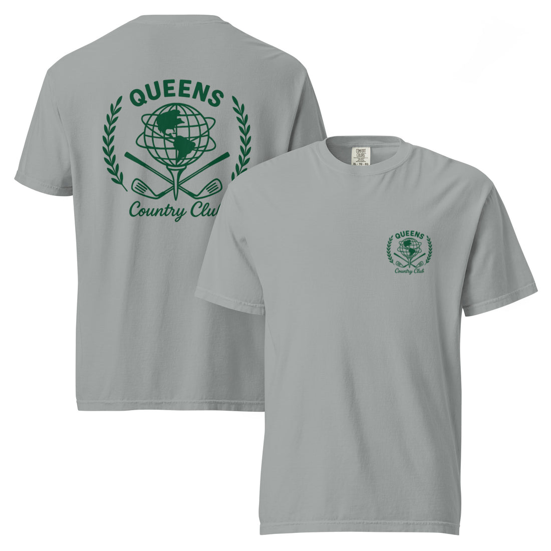 Granite garment-dyed Queens Unisphere Golf Ball Tee with green print, front and back views