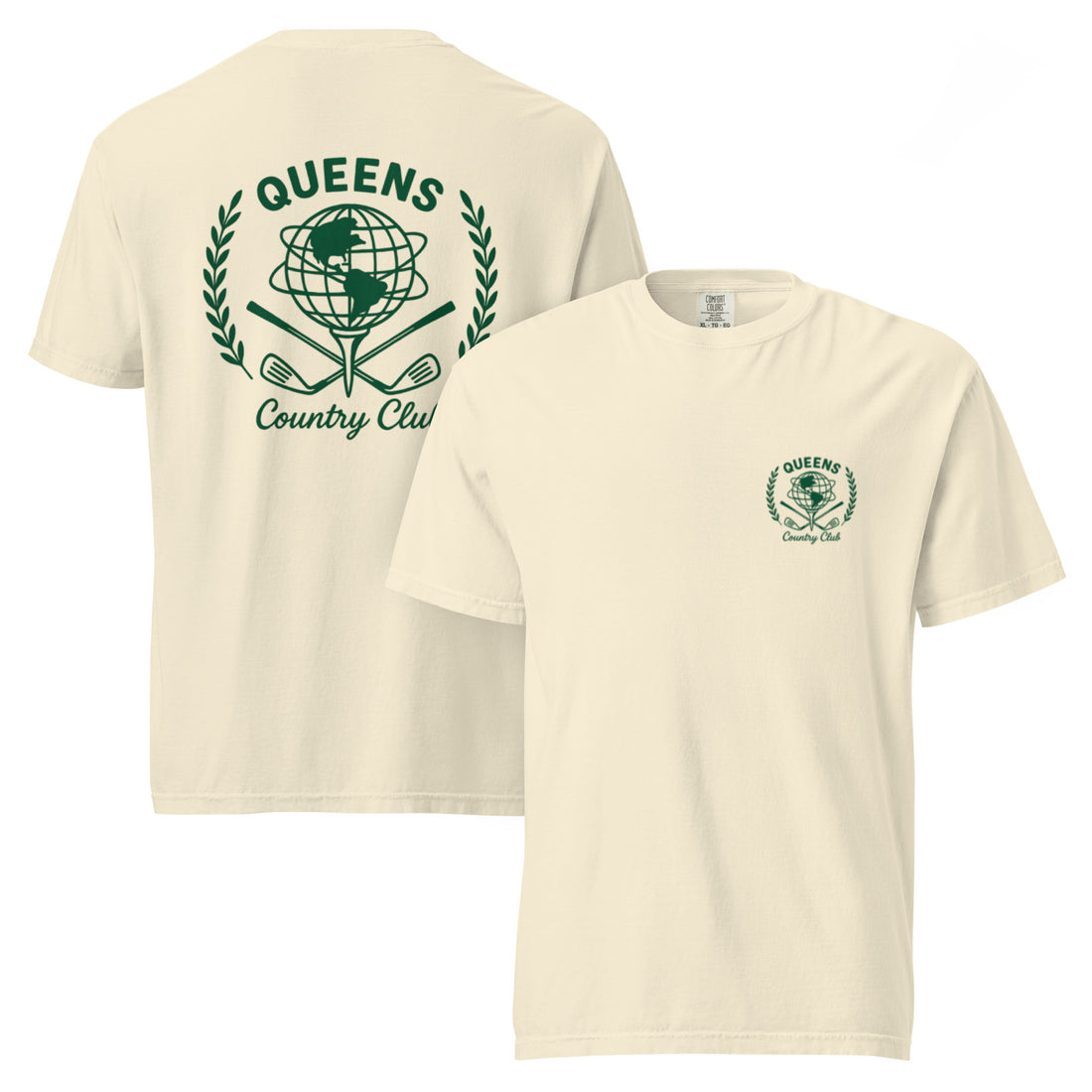 Ivory garment-dyed Queens Unisphere Golf Ball Tee with green print, front and back views