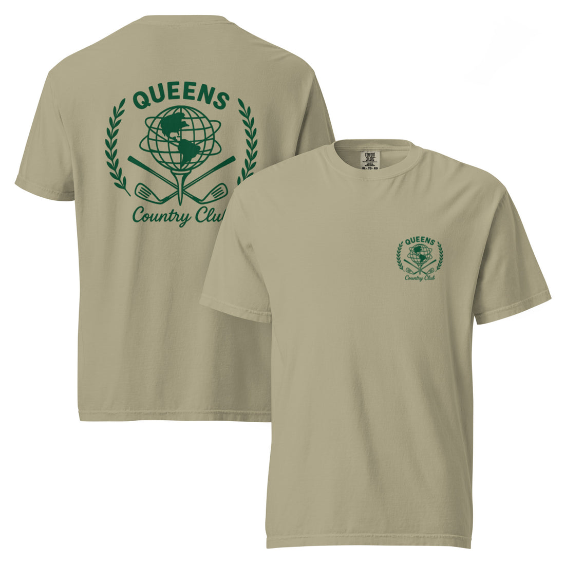 Khaki garment-dyed Queens Unisphere Golf Ball Tee with green print, front and back views