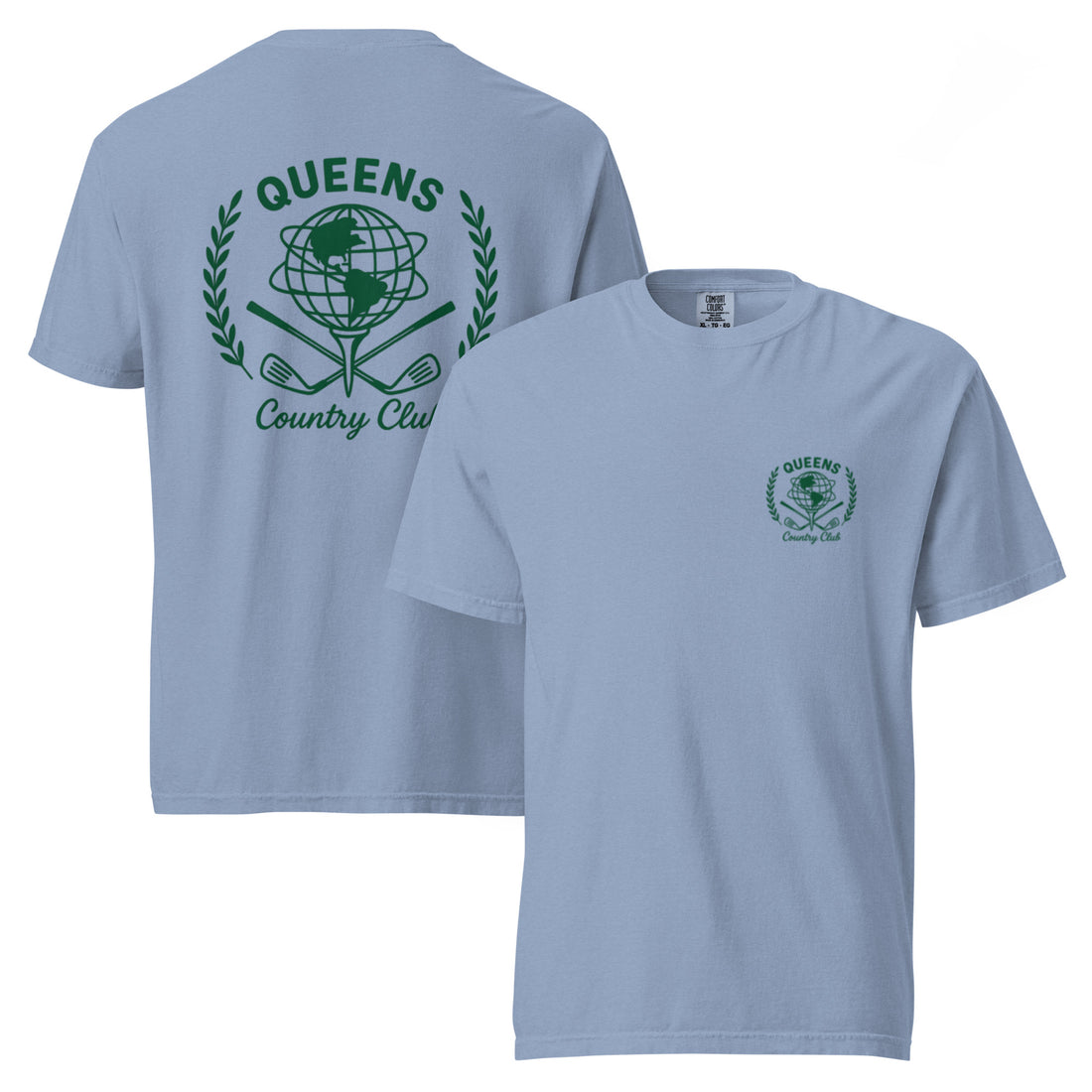 Washed Denim garment-dyed Queens Unisphere Golf Ball Tee with green print, front and back views