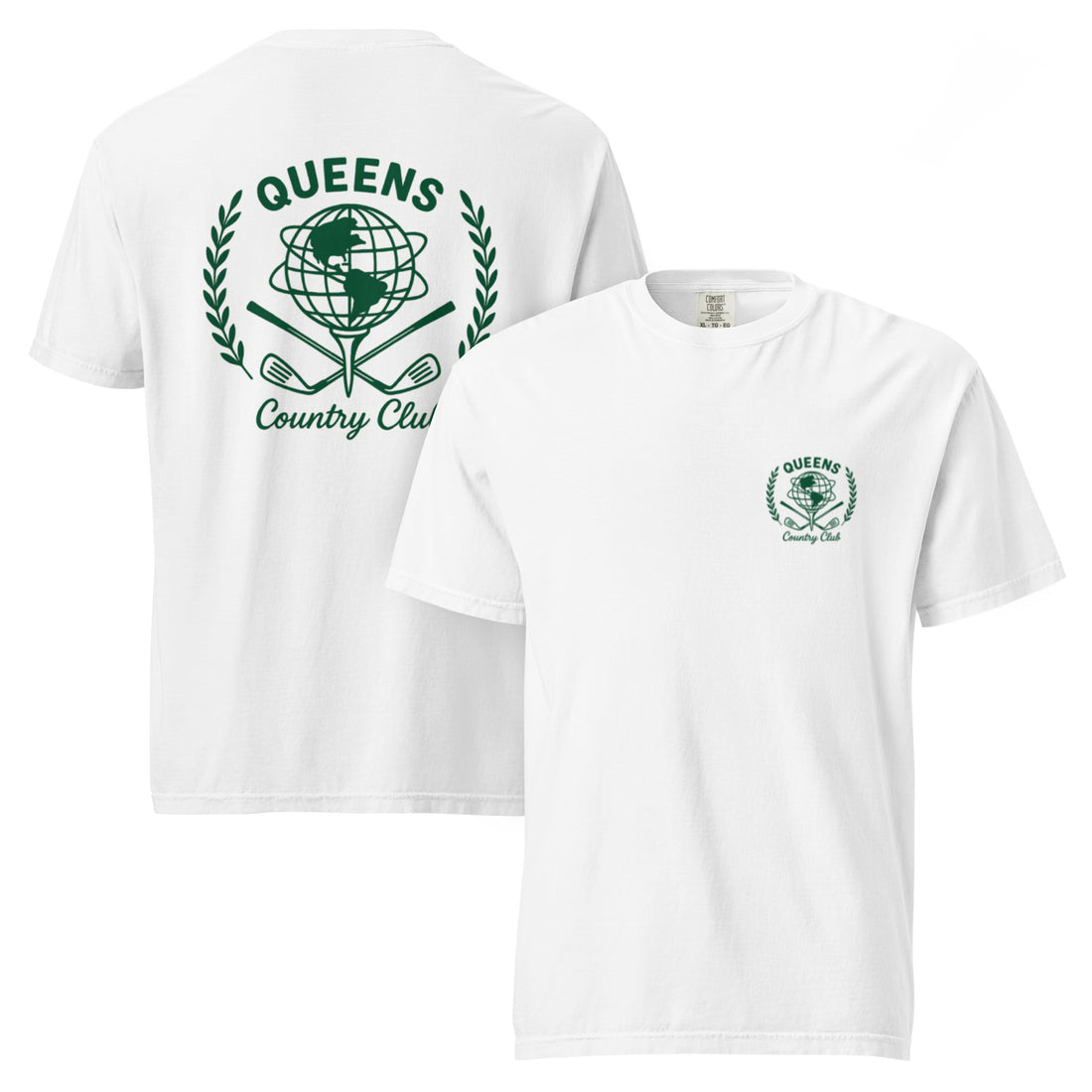 White garment-dyed Queens Unisphere Golf Ball Tee with green print, front and back views