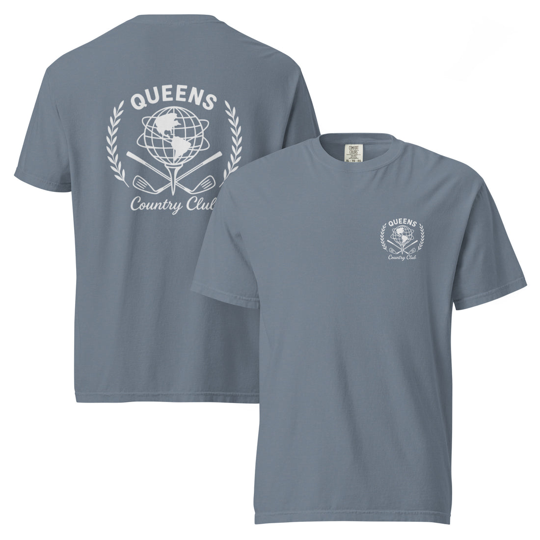Blue Jean garment-dyed Queens Unisphere Golf Ball Tee with white print, front and back views