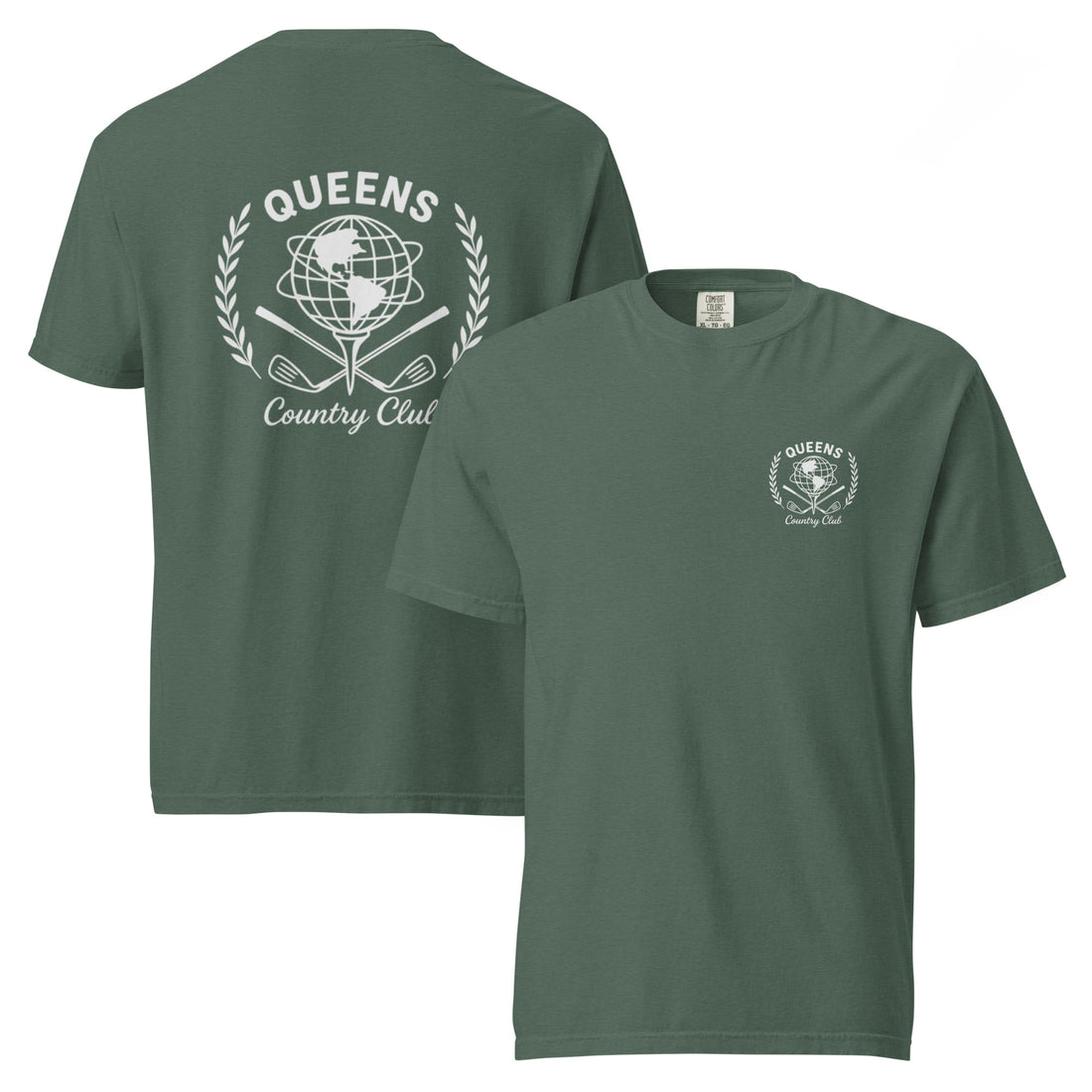 Blue Spruce garment-dyed Queens Unisphere Golf Ball Tee with white print, front and back views