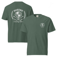 Blue Spruce garment-dyed Queens Unisphere Golf Ball Tee with white print, front and back views