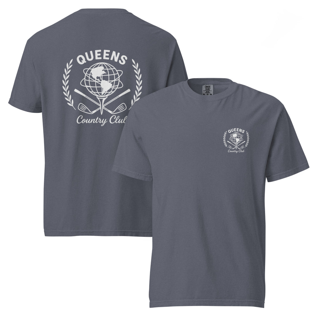 Denim garment-dyed Queens Unisphere Golf Ball Tee with white print, front and back views