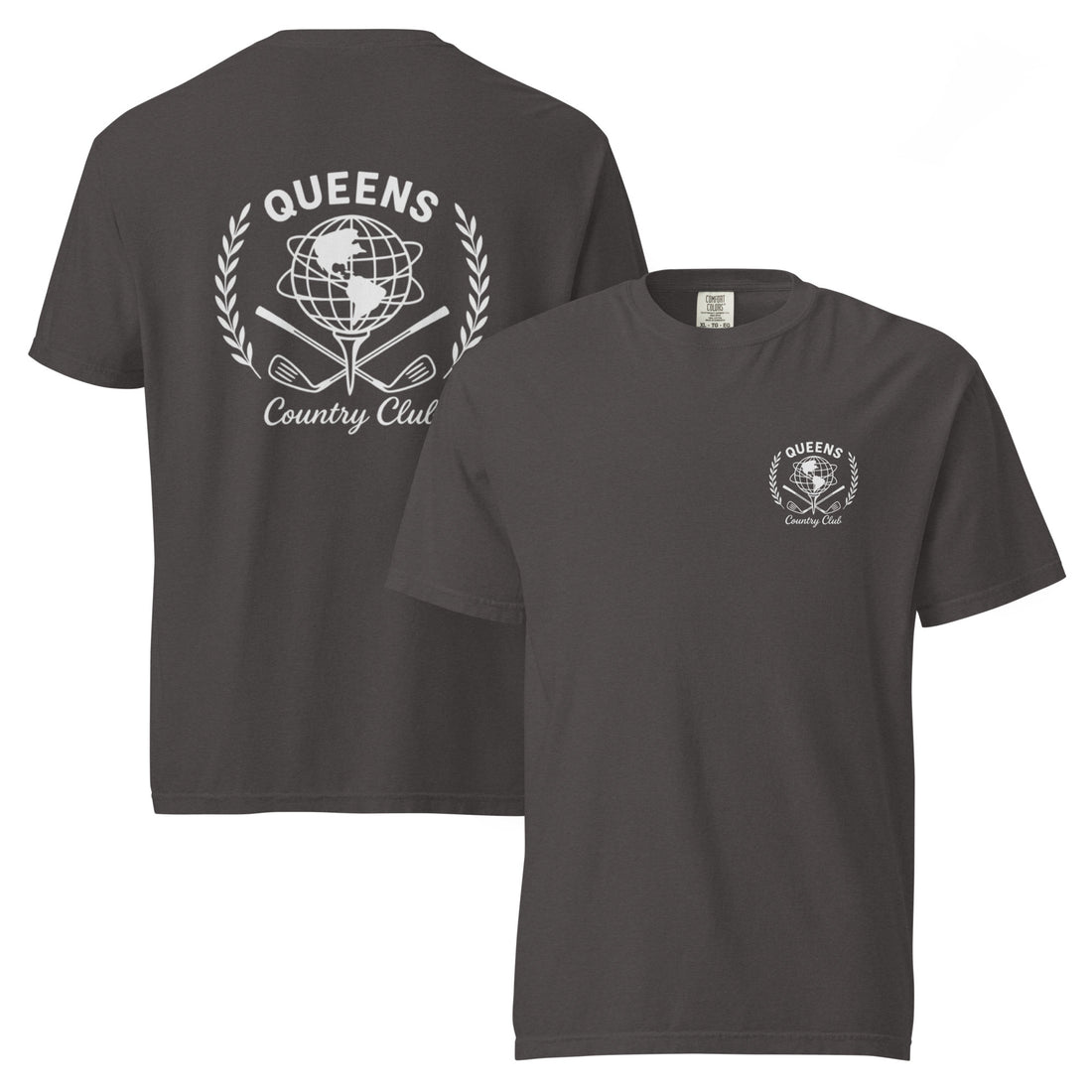 Graphite garment-dyed Queens Unisphere Golf Ball Tee with white print, front and back views