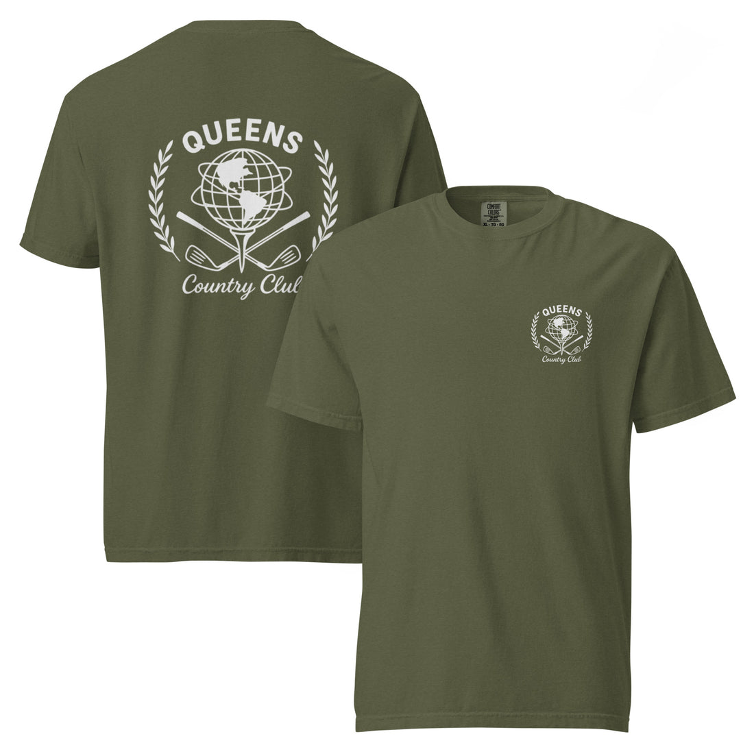 Hemp garment-dyed Queens Unisphere Golf Ball Tee with white print, front and back views