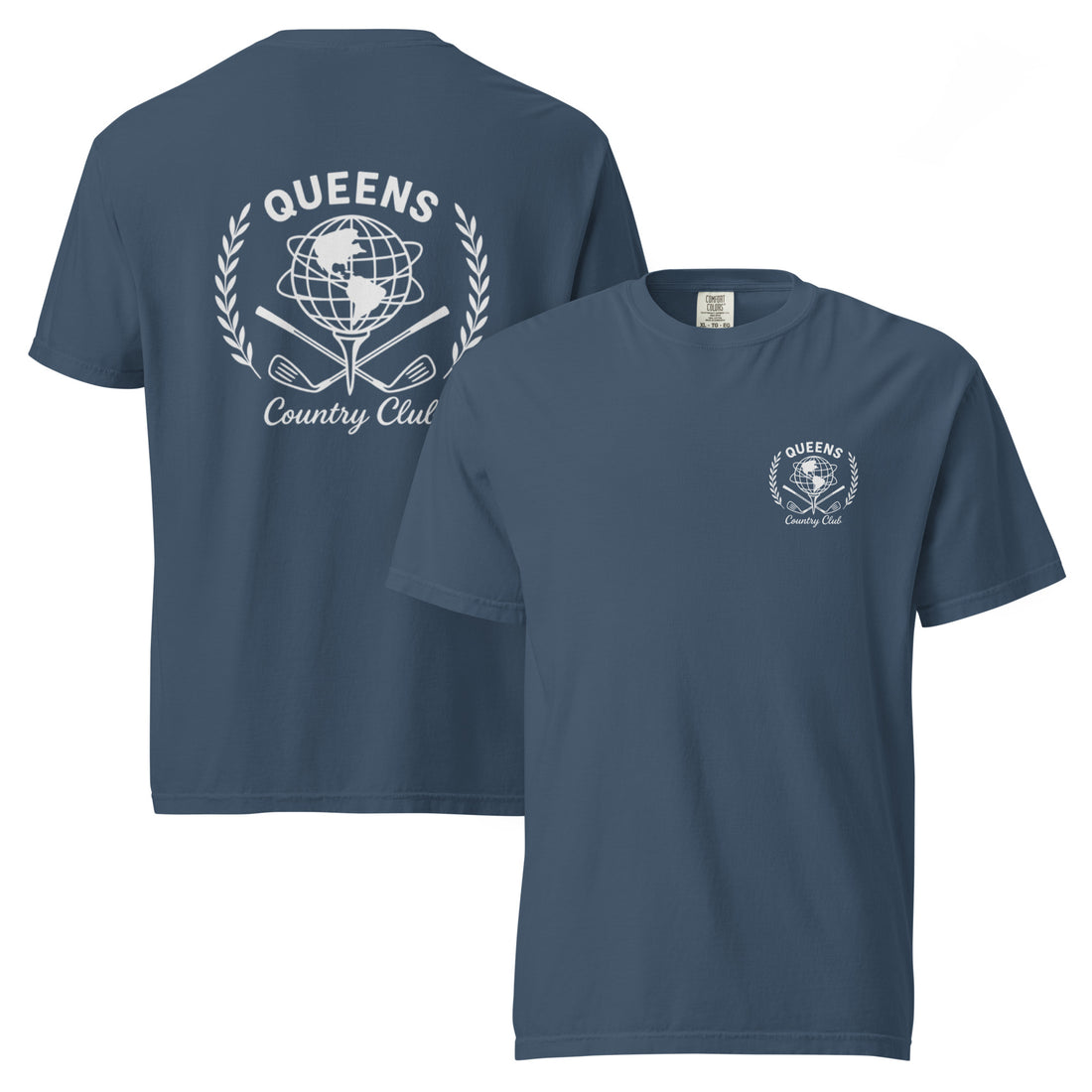 Midnight garment-dyed Queens Unisphere Golf Ball Tee with white print, front and back views