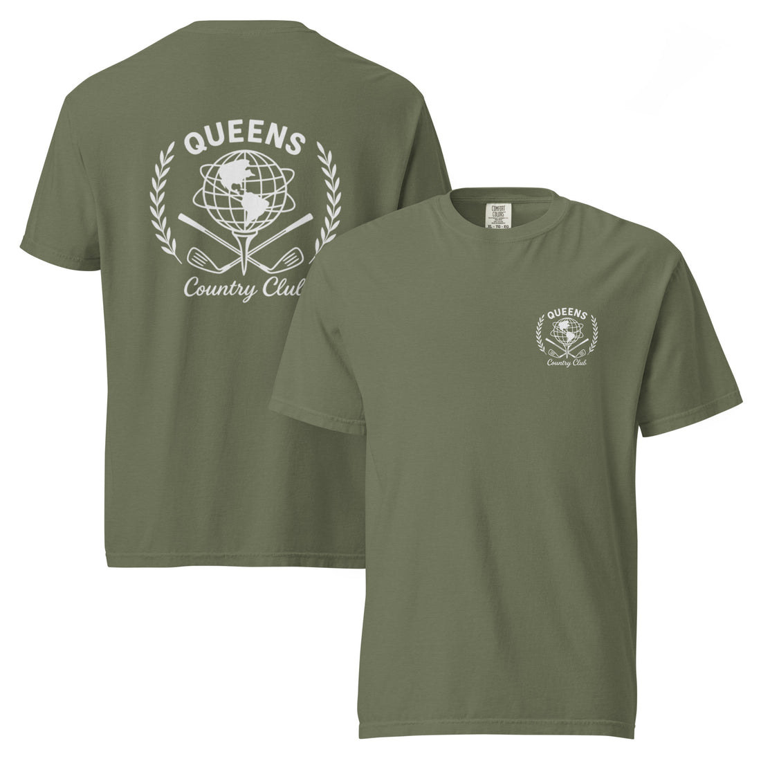 Moss garment-dyed Queens Unisphere Golf Ball Tee with white print, front and back views