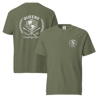 Moss garment-dyed Queens Unisphere Golf Ball Tee with white print, front and back views