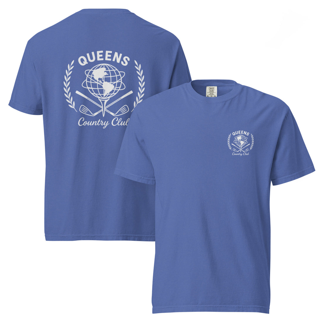 Mystic Blue garment-dyed Queens Unisphere Golf Ball Tee with white print, front and back views