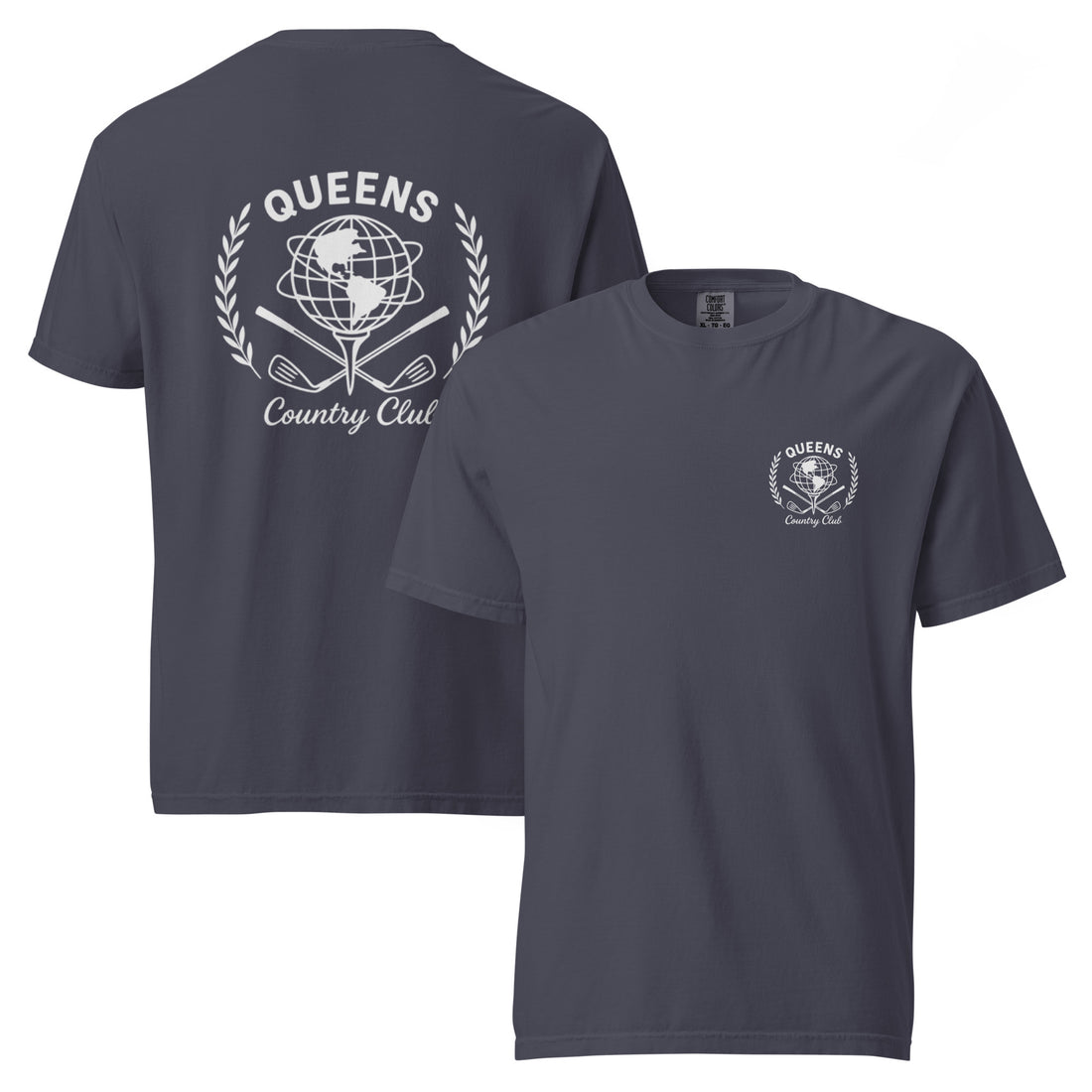 Navy garment-dyed Queens Unisphere Golf Ball Tee with white print, front and back views