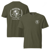 Sage garment-dyed Queens Unisphere Golf Ball Tee with white print, front and back views