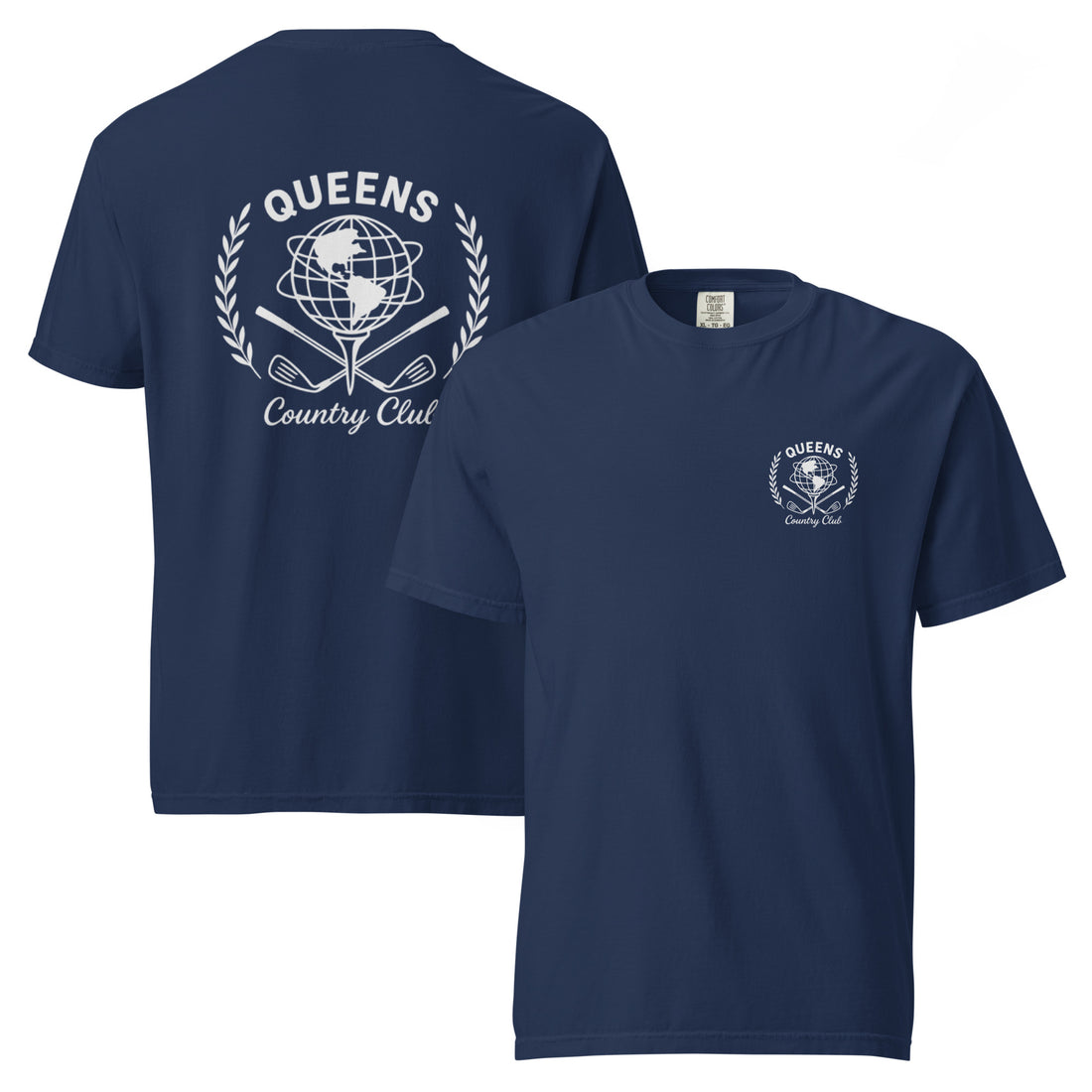 True Navy garment-dyed Queens Unisphere Golf Ball Tee with white print, front and back views