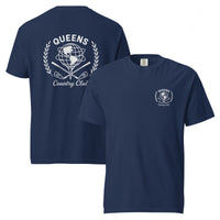 True Navy garment-dyed Queens Unisphere Golf Ball Tee with white print, front and back views