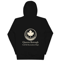  Queens Country Club hoodie featuring cream “Queens Borough Golf & Recreation Dept.” back graphic and small QCC logo on front chest.