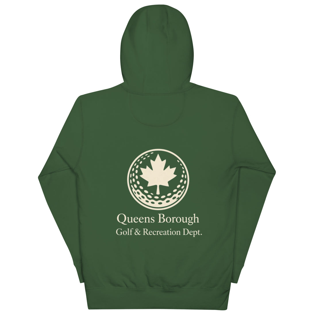  Queens Country Club hoodie featuring cream “Queens Borough Golf & Recreation Dept.” back graphic and small QCC logo on front chest.