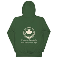  Queens Country Club hoodie featuring cream “Queens Borough Golf & Recreation Dept.” back graphic and small QCC logo on front chest.