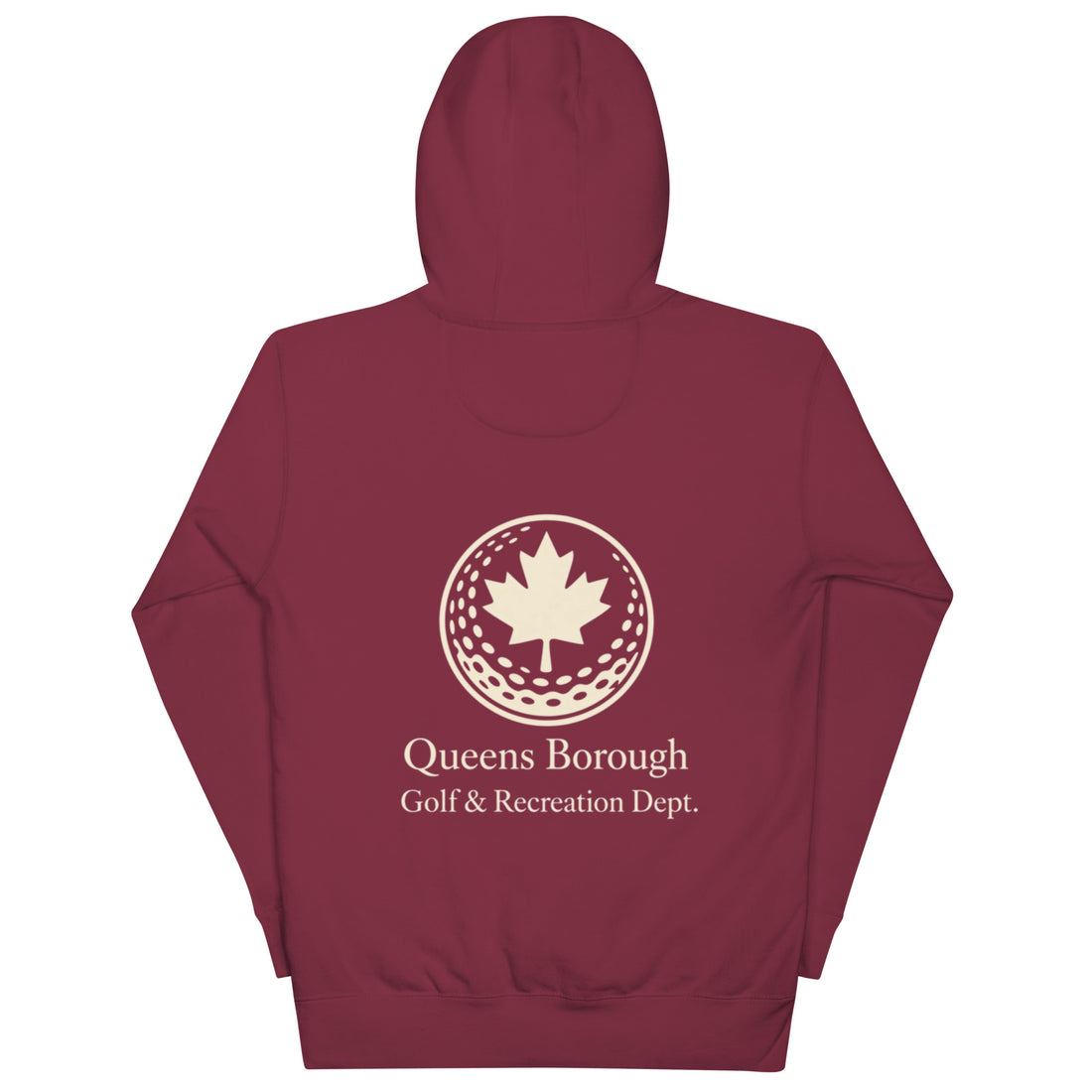  Queens Country Club hoodie featuring cream “Queens Borough Golf & Recreation Dept.” back graphic and small QCC logo on front chest.