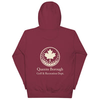  Queens Country Club hoodie featuring cream “Queens Borough Golf & Recreation Dept.” back graphic and small QCC logo on front chest.