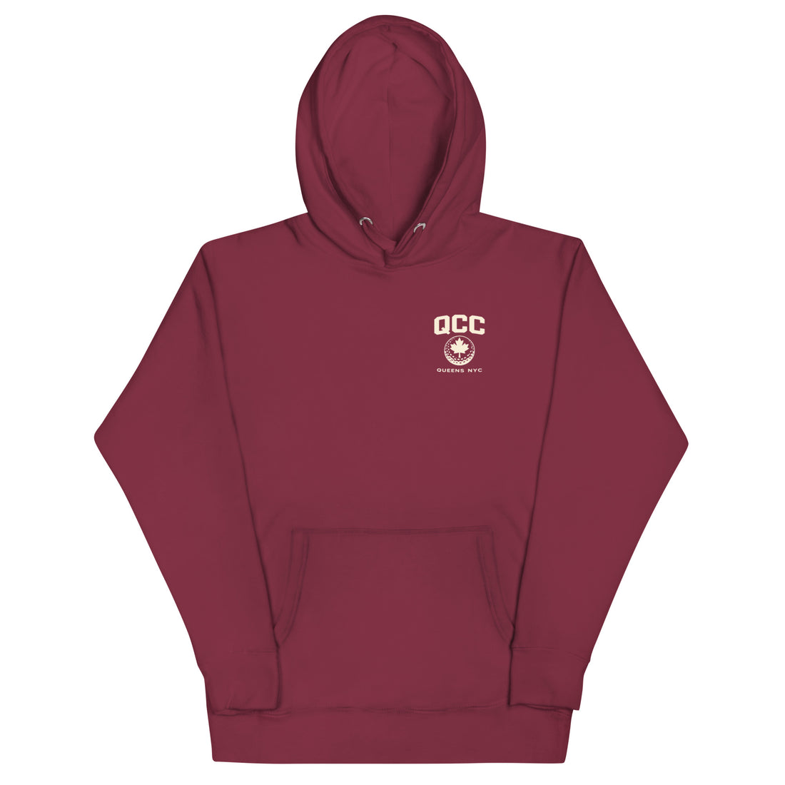  Queens Country Club hoodie featuring cream “Queens Borough Golf & Recreation Dept.” back graphic and small QCC logo on front chest.