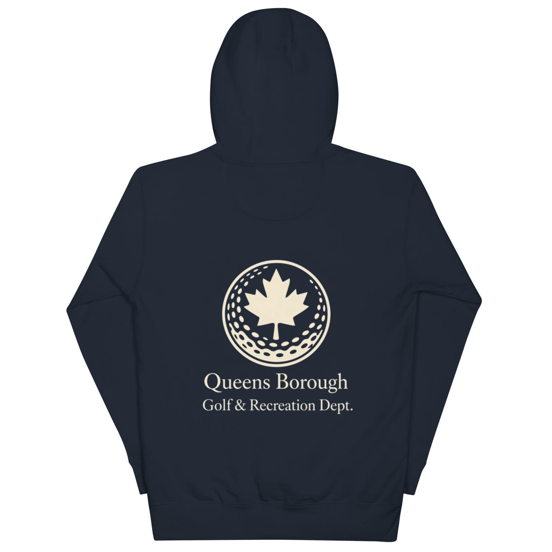  Queens Country Club hoodie featuring cream “Queens Borough Golf & Recreation Dept.” back graphic and small QCC logo on front chest.