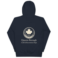  Queens Country Club hoodie featuring cream “Queens Borough Golf & Recreation Dept.” back graphic and small QCC logo on front chest.