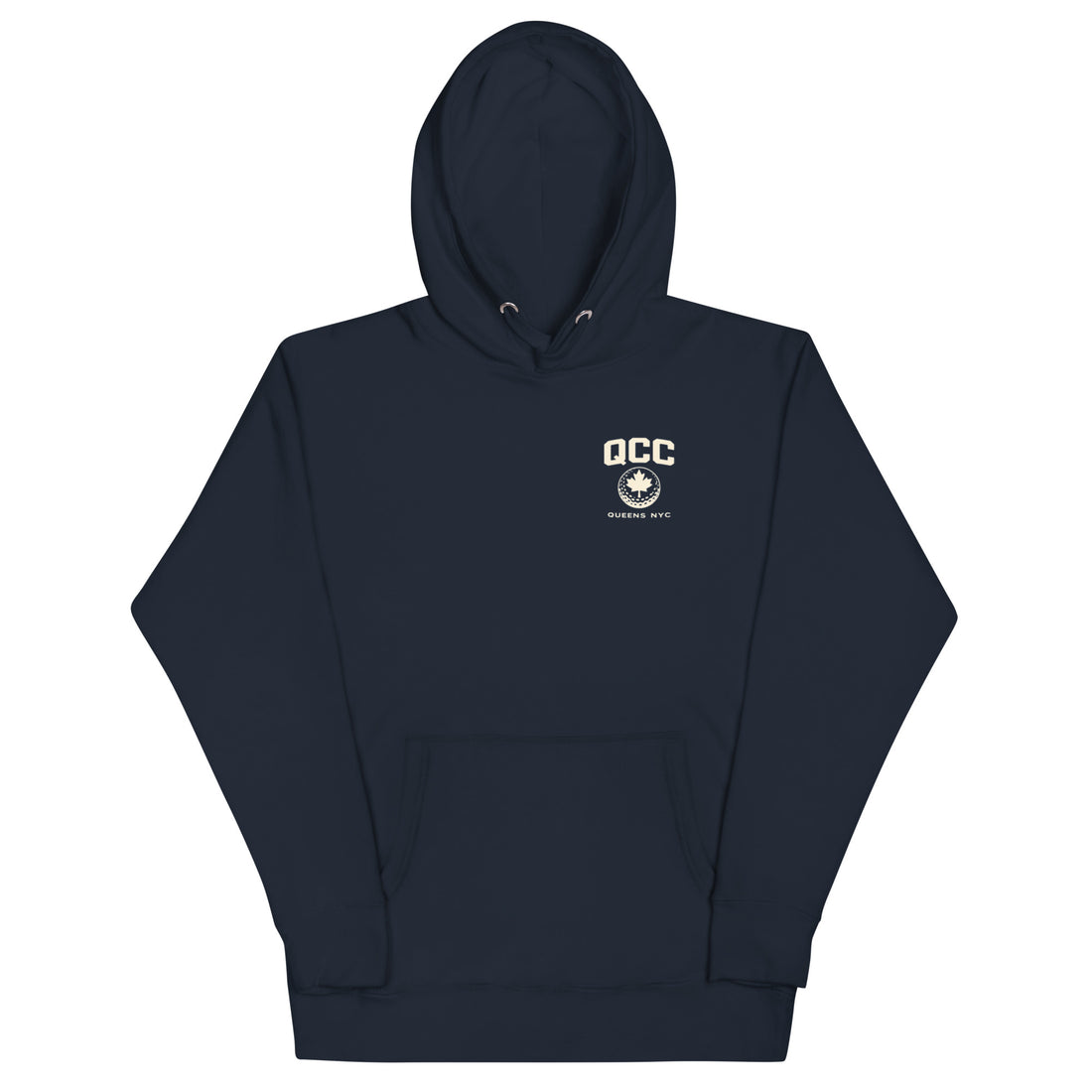  Queens Country Club hoodie featuring cream “Queens Borough Golf & Recreation Dept.” back graphic and small QCC logo on front chest.