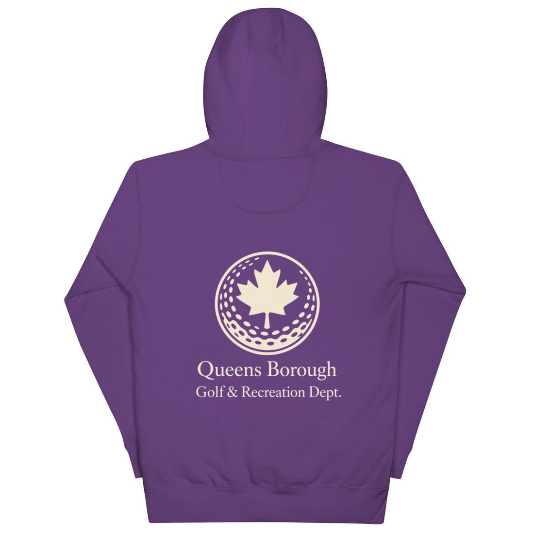  Queens Country Club hoodie featuring cream “Queens Borough Golf & Recreation Dept.” back graphic and small QCC logo on front chest.