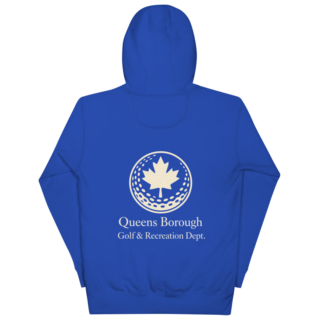  Queens Country Club hoodie featuring cream “Queens Borough Golf & Recreation Dept.” back graphic and small QCC logo on front chest.
