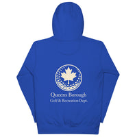  Queens Country Club hoodie featuring cream “Queens Borough Golf & Recreation Dept.” back graphic and small QCC logo on front chest.