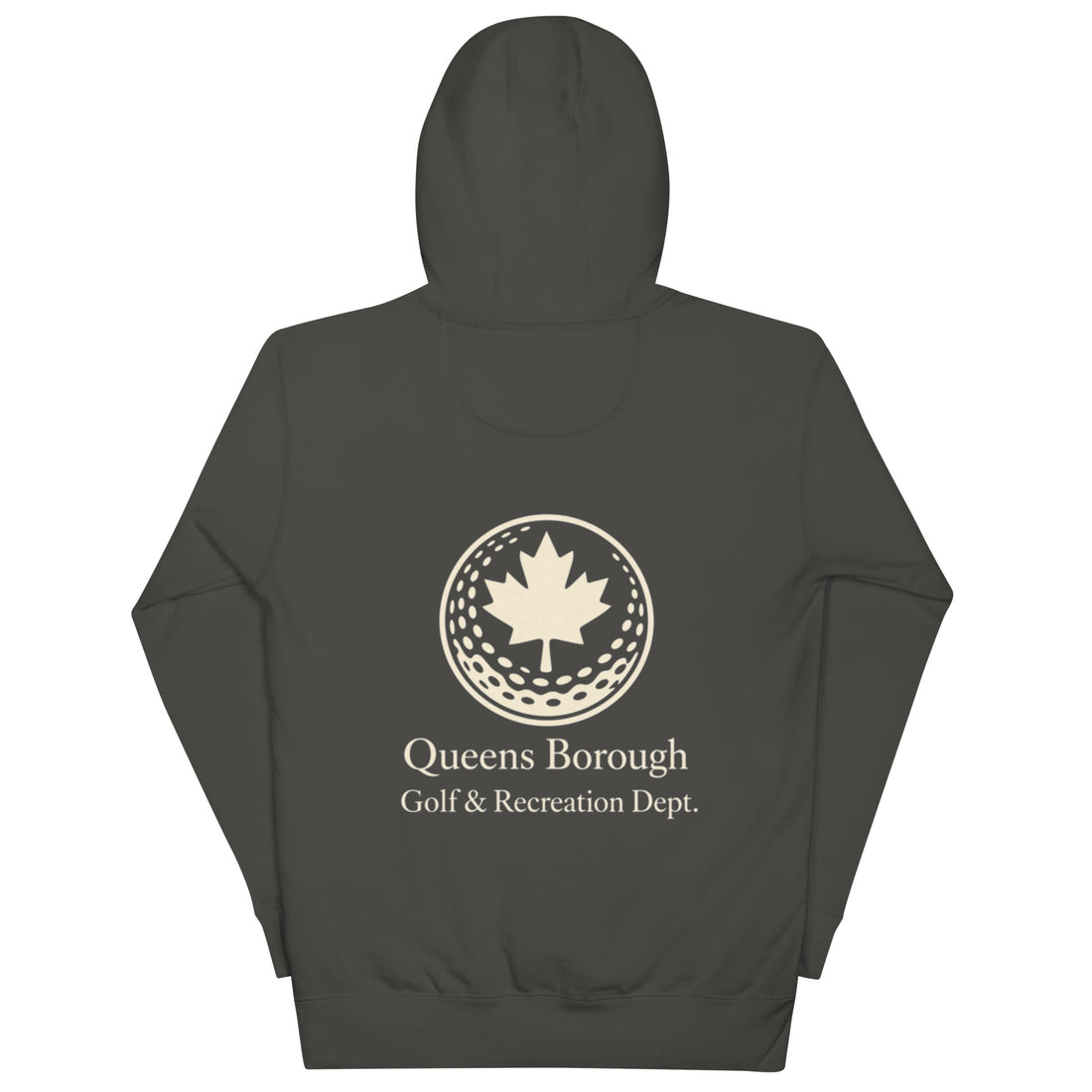  Queens Country Club hoodie featuring cream “Queens Borough Golf & Recreation Dept.” back graphic and small QCC logo on front chest.