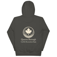  Queens Country Club hoodie featuring cream “Queens Borough Golf & Recreation Dept.” back graphic and small QCC logo on front chest.
