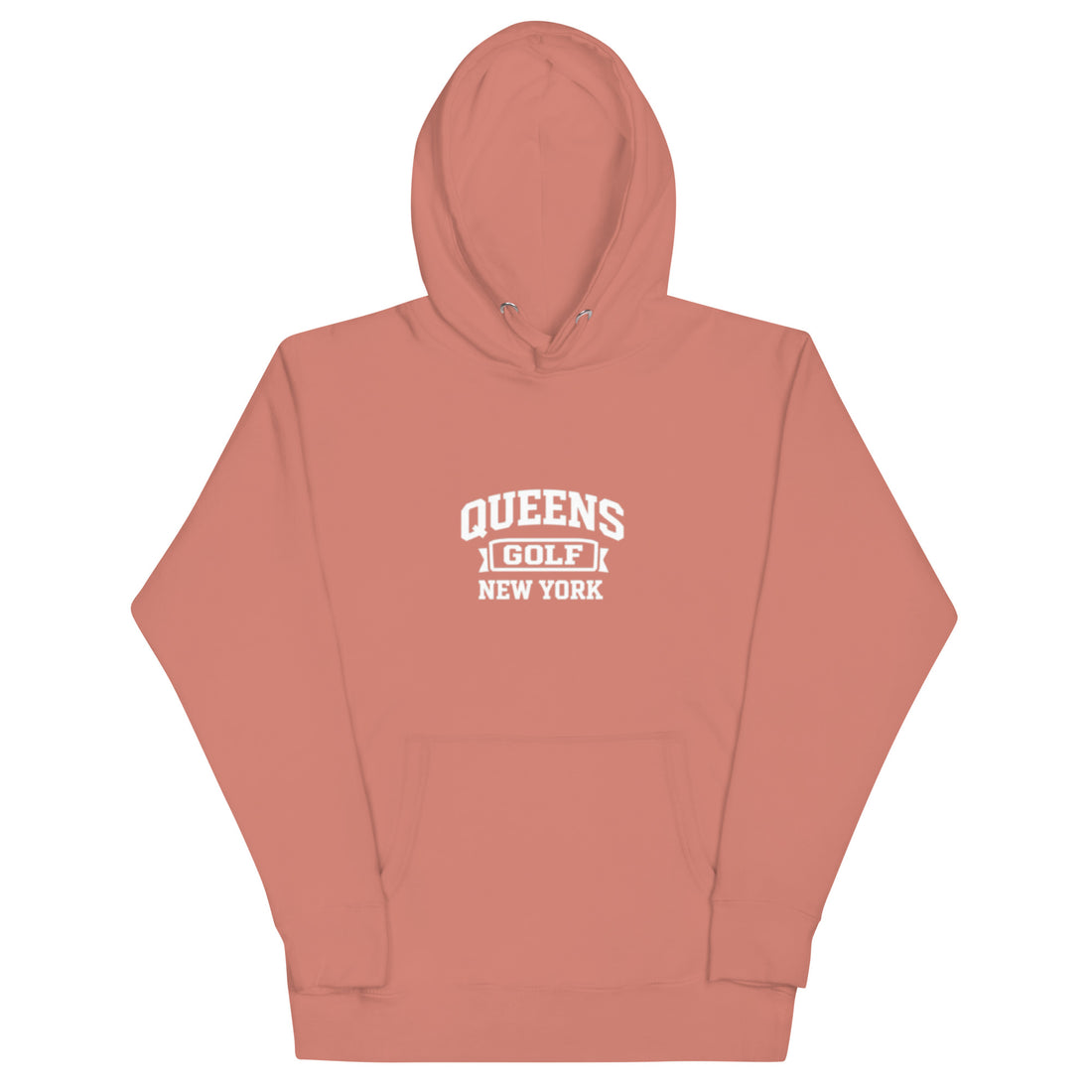   Queens Country Club Queens Golf New York collegiate hoodie with varsity-style golf graphic on front
