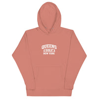   Queens Country Club Queens Golf New York collegiate hoodie with varsity-style golf graphic on front